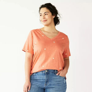Sonoma Goods For Life The Everday Tee Coral Heart V-Neck Tee in Size 5X